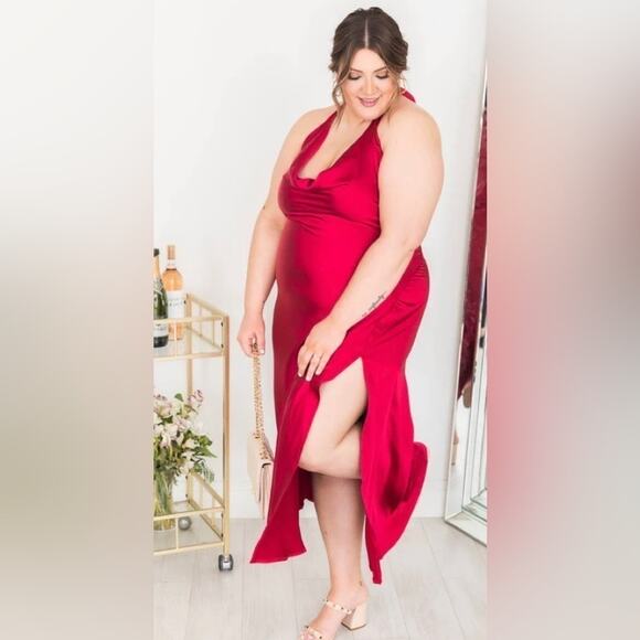 Pink Lily FUCHSIA SATIN COWL NECK MIDI DRESS FINAL Size 2X - Picture 2 of 8